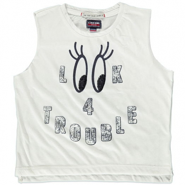 Blue Rebel spot on boxy fit top "LOOK" optical white