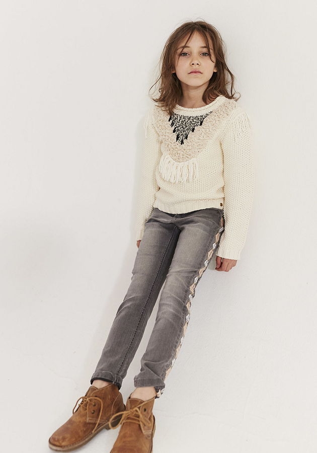 IKKS Cosy Winter embroidered denim pants light grey